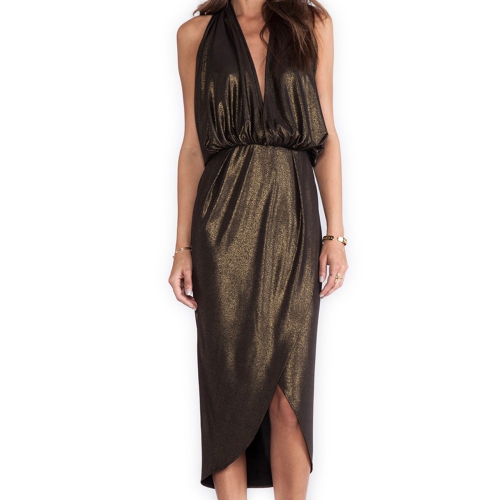 Naven Glam Halter Dress in Metallic Gold